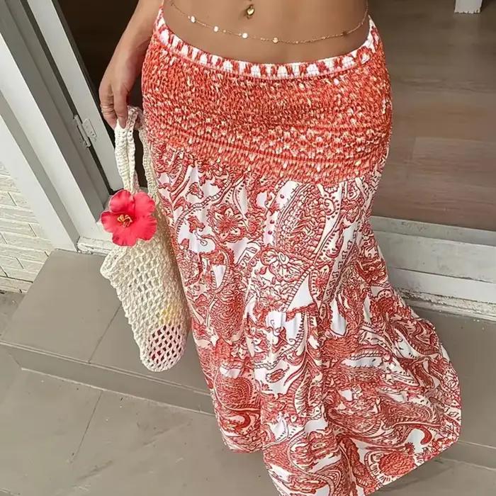 Jupe longue plissée taille haute imprimée style bohème pour femme