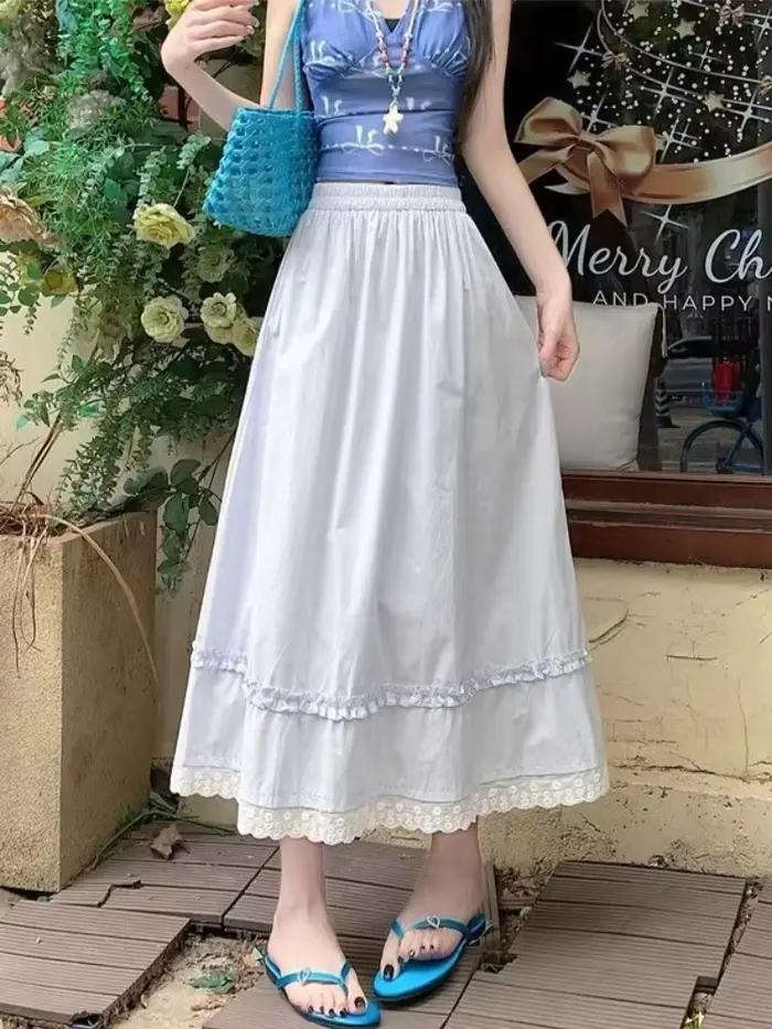 Jupe longue taille haute style coréen pour femme été 2026 jaune avec dentelle douce coupe parapluie élastique large pour toutes les occasions élégante à offrir