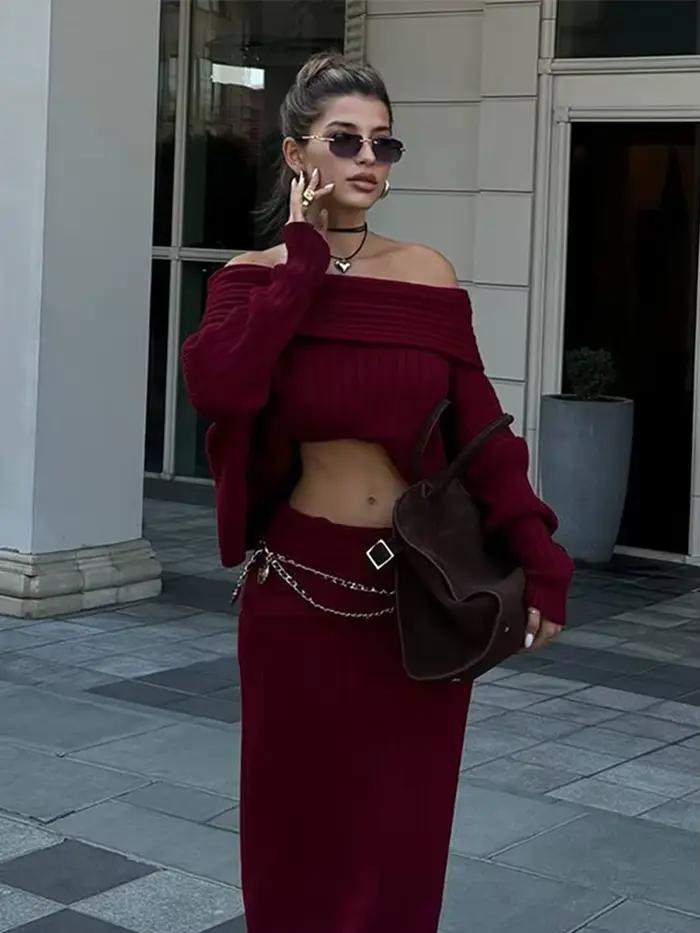 Ensemble jupe longue en tricot bordeaux pour femme