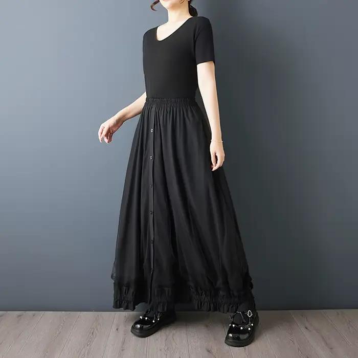 Jupe longue décontractée noire taille haute vintage ample pour femme grande