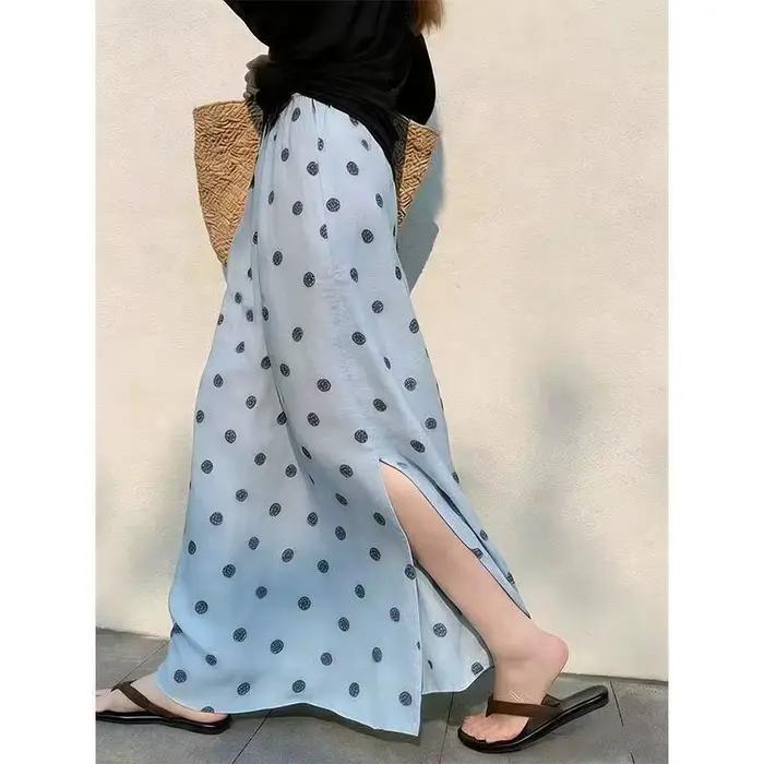 Jupe longue de plage élégante à imprimé pois bleus avec fente pour station balnéaire femmes printemps été