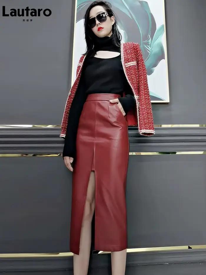 Jupe crayon longue en similicuir souple Lautaro pour femme avec fentes avant et poches