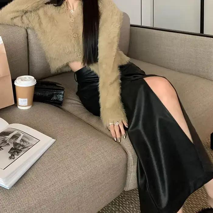 Jupe longue fendue en cuir PU noir taille haute pour femme