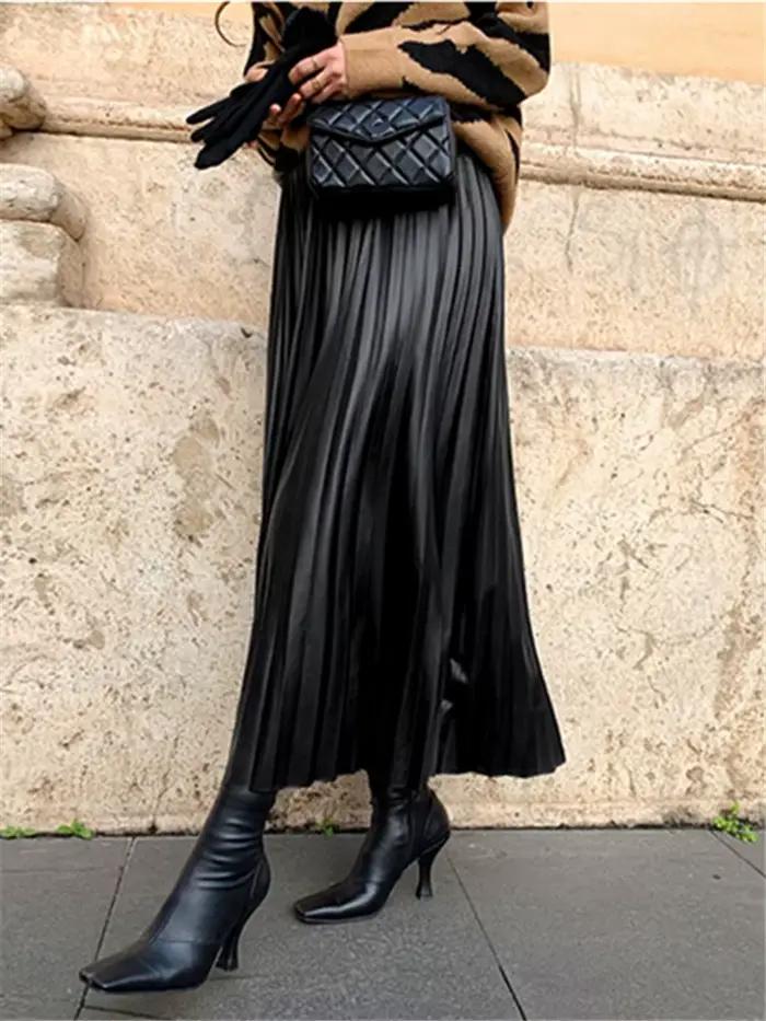 Jupe plissée en cuir PU noir pour femmes
