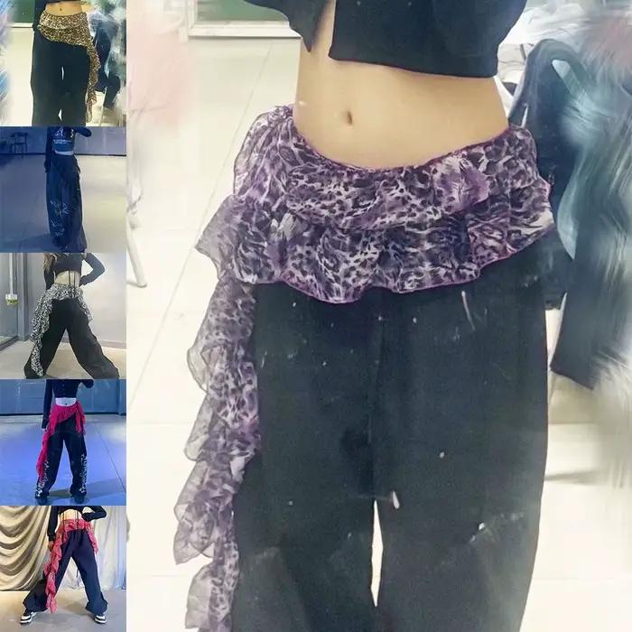 Jean pantalon décor léopard dentelle Mini jupe irrégulière Y2K Streetwear à lacets volants