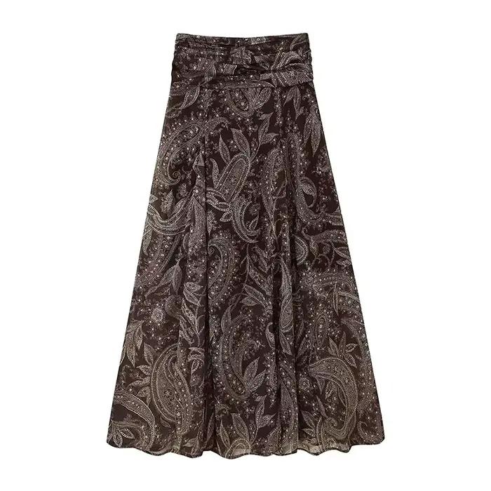Jupe longue plissée à volants pour femmes, style vintage chic, décontractée, polyester, coupe régulière, longueur cheville, pour soirées et occasions spéciales
