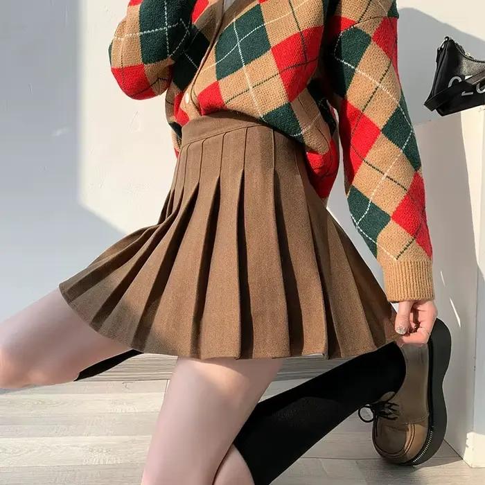 Automne hiver laine jupes plissées femmes nouveau coréen taille haute minceur Mini jupe dames Style Preppy côté