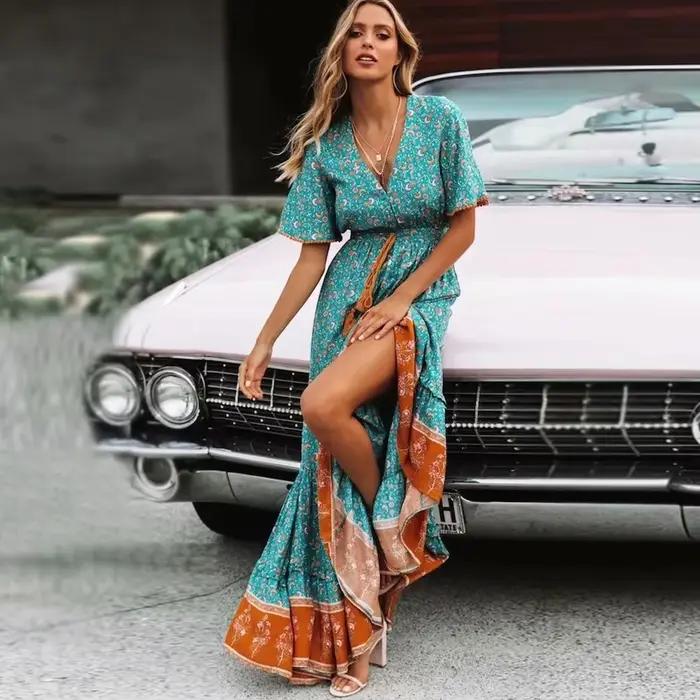 Robes Maxi en Coton Bleu Rayonne pour Femmes