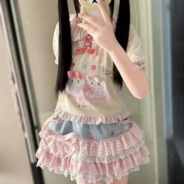 Ensemble jupe et t shirt style lolita kawaii japonais pour femme avec noeud et imprimé chat mini jupes mignonnes effet gâteau y2k harajuku occassions estivales et événements spéciaux