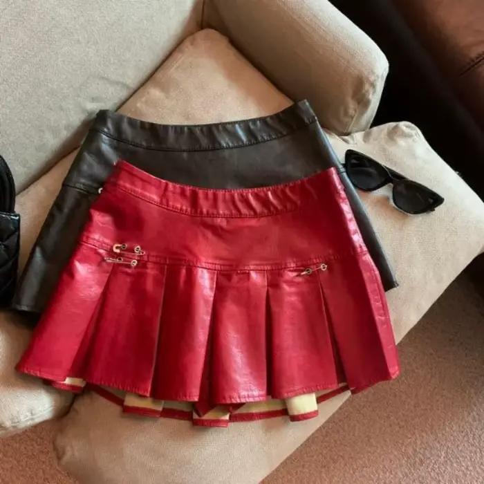 Jupe plissée en cuir PU américain pour femmes