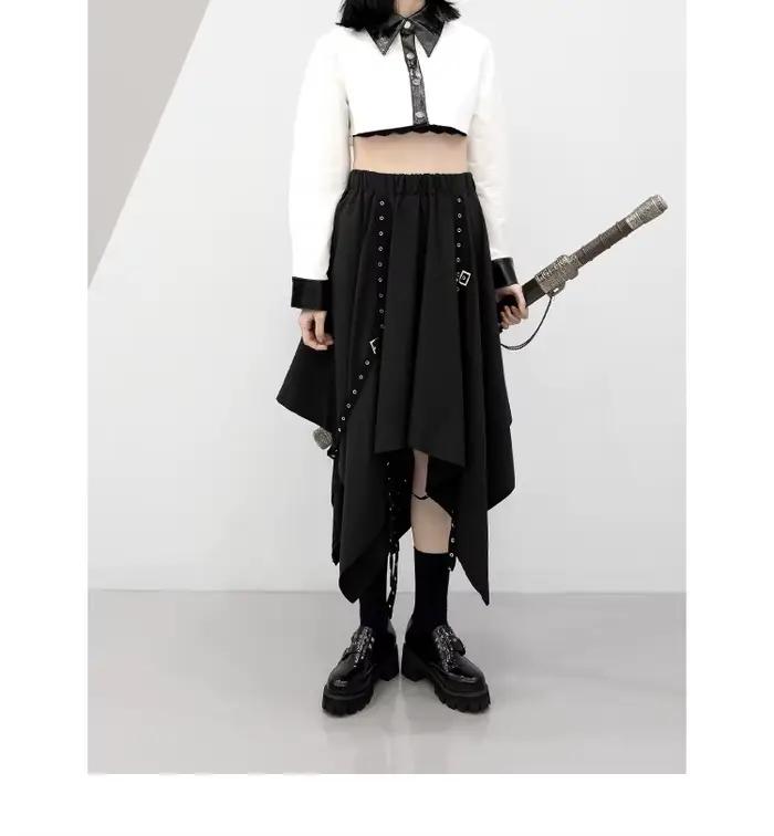 Jupe gothique CORLVON pour fille style punk Y2K nouvelle collection mi-mollet polyester patch-travail silhouette une ligne occassions spéciales automne hiver