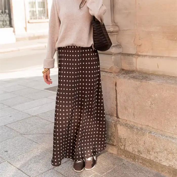 Jupe maxi à pois vintage élégante et confortable pour femmes, polyvalente et adaptée aux saisons printemps et automne