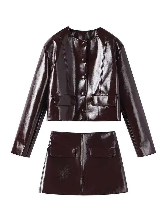 Ensemble de Mini jupe en cuir pour femmes