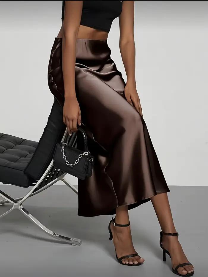 Jupe midi en satin pour femme taille haute coupe droite ajustée drapé élégant polyester versatile et élégante quotidien vacances soirées