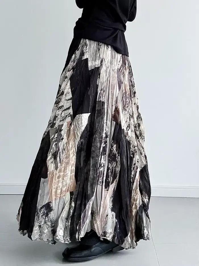 [EAM] taille haute élastique imprimé plissé élégant a-ligne demi-corps jupe femmes mode marée nouveau printemps automne 2026 1DJ5417