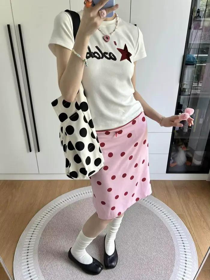 Jupe mi-longue tube droite à pois rose style rétro américain pour femme été 2026 coupe régulière polyester légèrement extensible style junior occassions spéciales