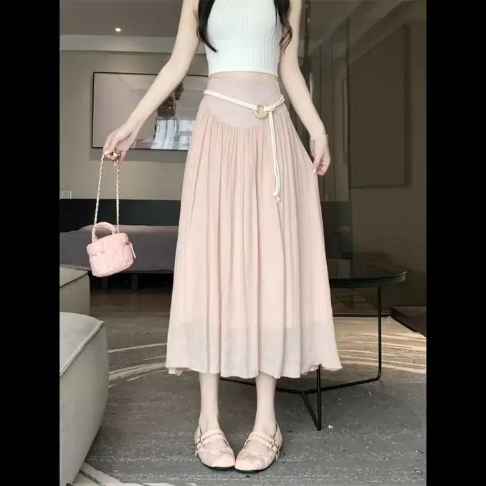 Jupe trapèze en coton et lin rose pour femmes