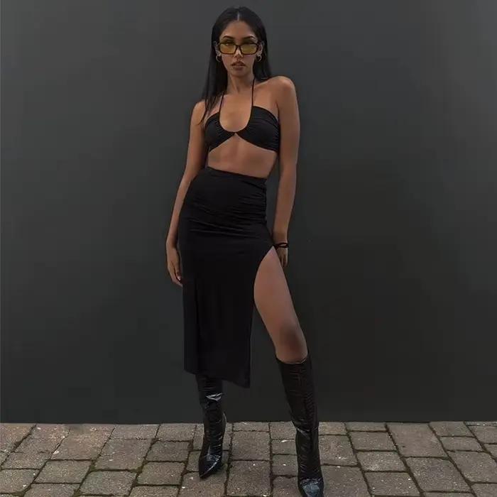 Femmes Sexy mince fente jupe irrégulière élastique taille haute plissée a-ligne