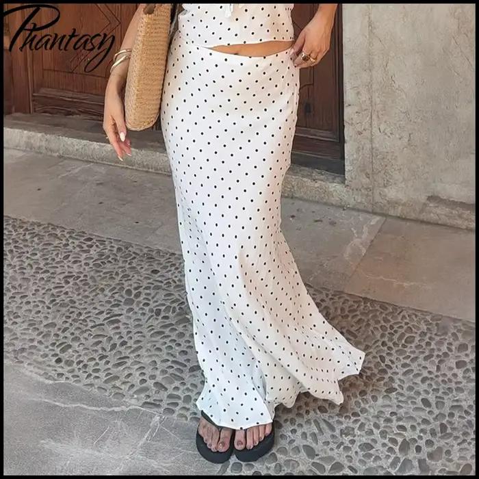 Jupe longue sirène en satin à pois pour femme