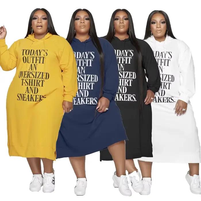 Grande Taille Robe L-5xl Femmes Hoodies Lettre Imprimer adt Casual Robe Poches Vêtements D'hiver Maxi Robes En Gros Dropshipping