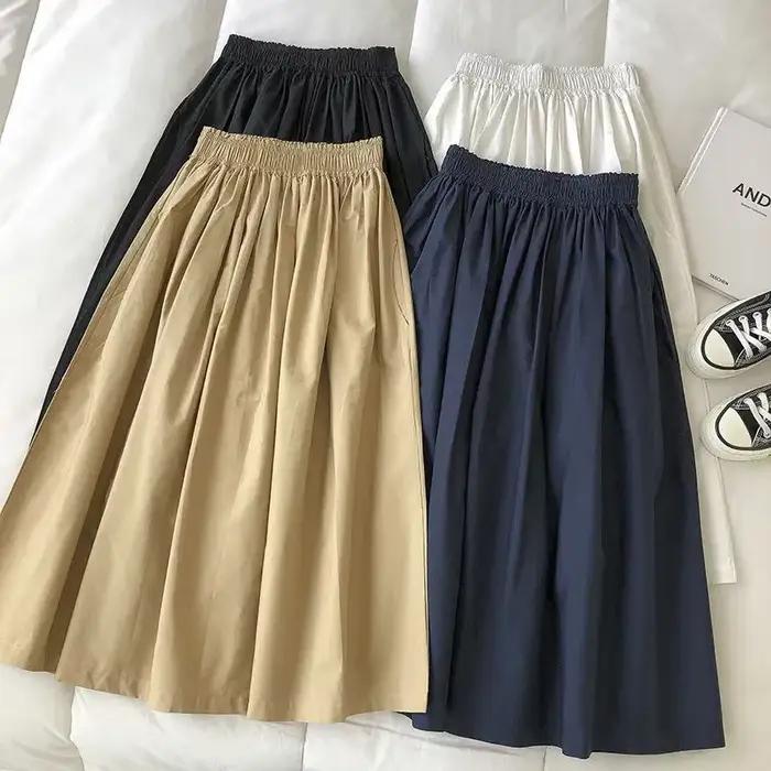 Jupe noire mi-longue plissée taille haute style coréen coupe trapèze vintage pour femme