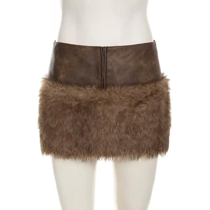 Vintage Patchwork Pu cuir fourrure jupe femmes 2024 hiver mode mince taille moyenne Mini jupes