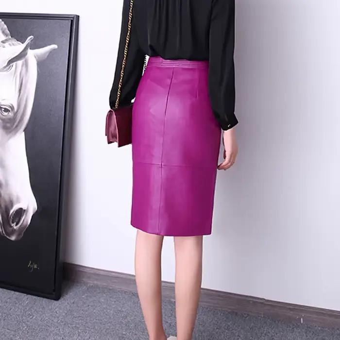 Jupe mi-longue en cuir véritable pour femme