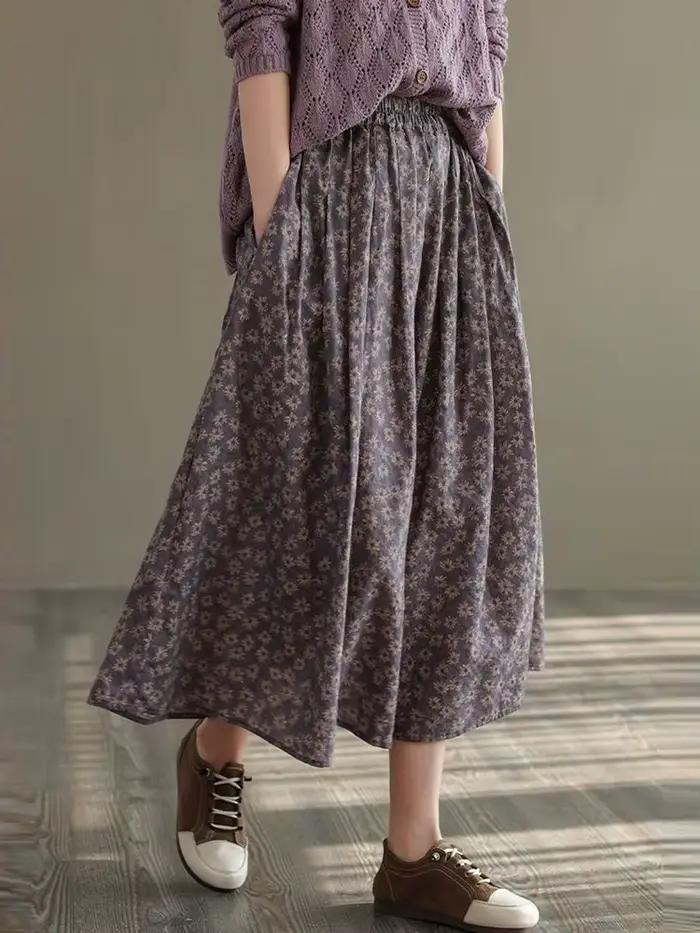 Nouveauté 2025 automne Style Vintage imprimé fleuri ample confortable dames élégante a-ligne jupe longue D536 femmes jupes décontractées