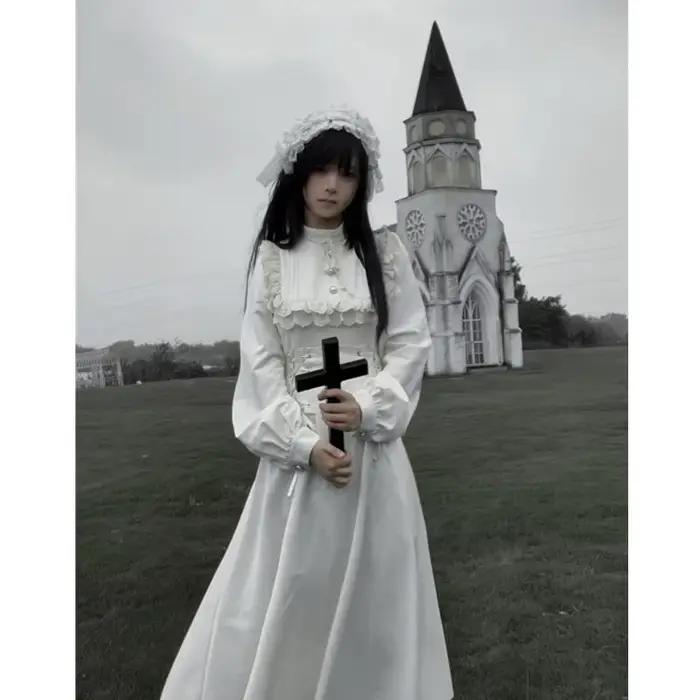 Robe gothique Lolita Y2K Mothybot en polyester avec dentelle et lacets pour femmes, coupe régulière, manches lanternes, fermeture éclair, longueur cheville, style rétro, occasions spéciales