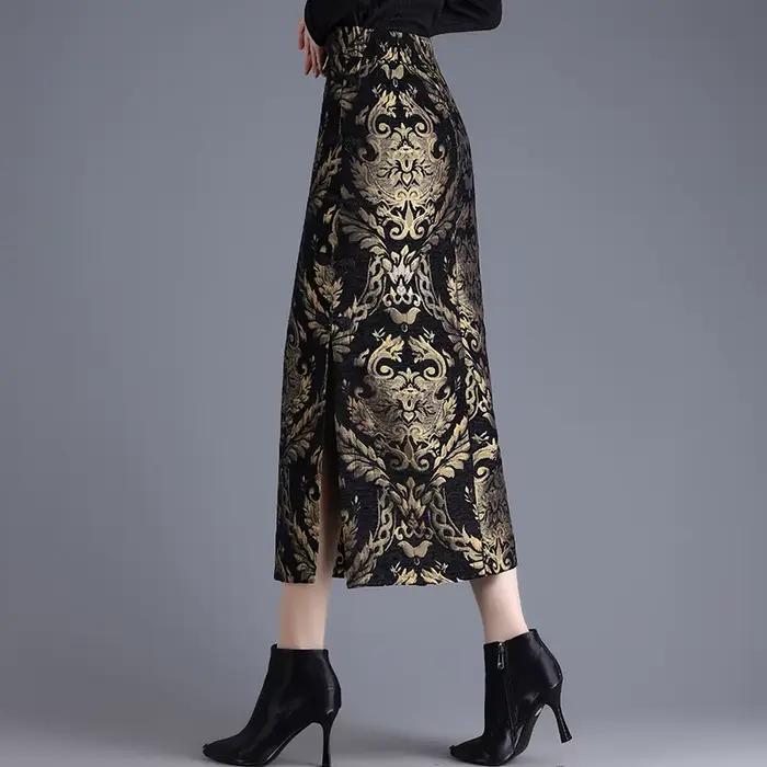 ZUZK velours or gaufré jupe droite femmes automne hiver nouveau rétro coupe ajustée corps fendu mi-longue une étape
