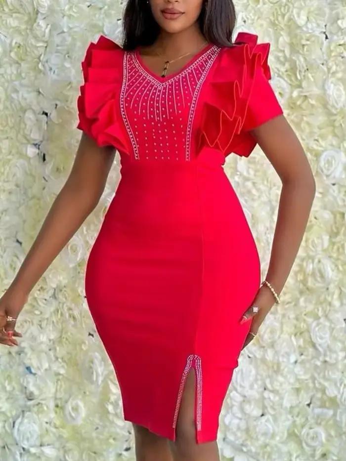 Robe d'invitée de mariage col en V pétale manches courtes élégante pour femmes soirées et mariages