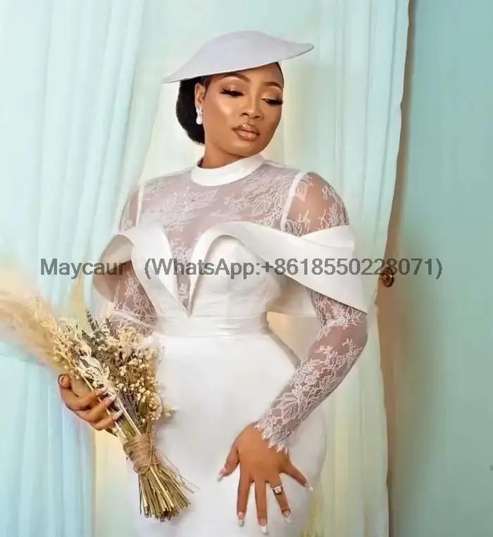 Robe de Mariée en Dentelle, Fourreau à Manches sulf, Courte, Dos aux, Longueur Thé, Personnalisée