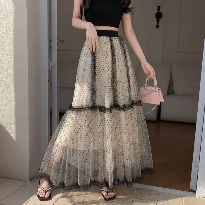 Jupe mi-longue à pois à volants française élégante en polyester pour femmes junior style doux pour toutes les saisons occasions spéciales