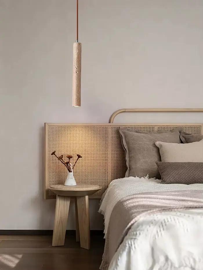 Lampe à pendentif LED à Tube Long, plafonnier en bois, Style japonais, vent silencieux, lustre de chevet de chambre à coucher, éclairage rétro moderne en travertin
