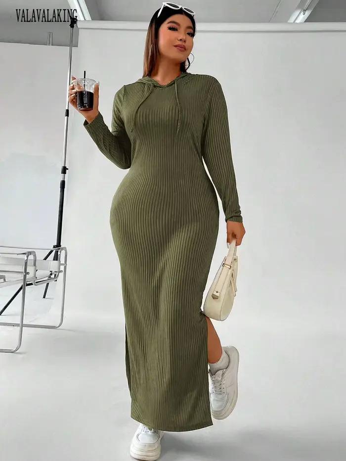 Robe pull à manches longues et col en V pour femme, grande taille, avec capuche, élégante, fendue, moulante, maxi, hiver, 2025