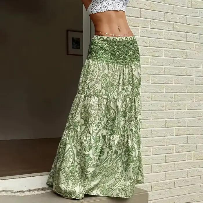 Jupe longue plissée taille haute imprimée style bohème pour femme