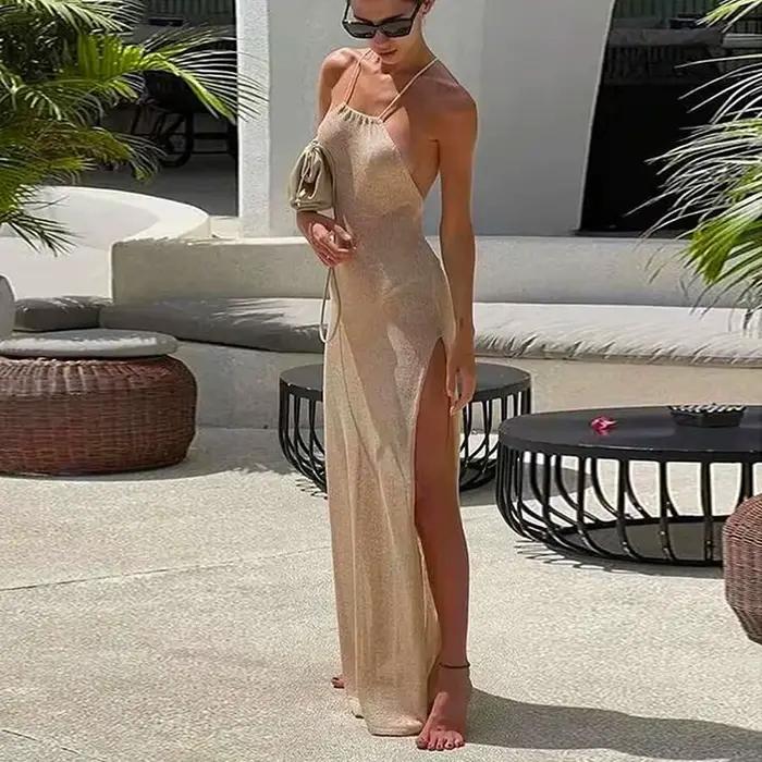 Robe longue fendue sans manches pour femmes