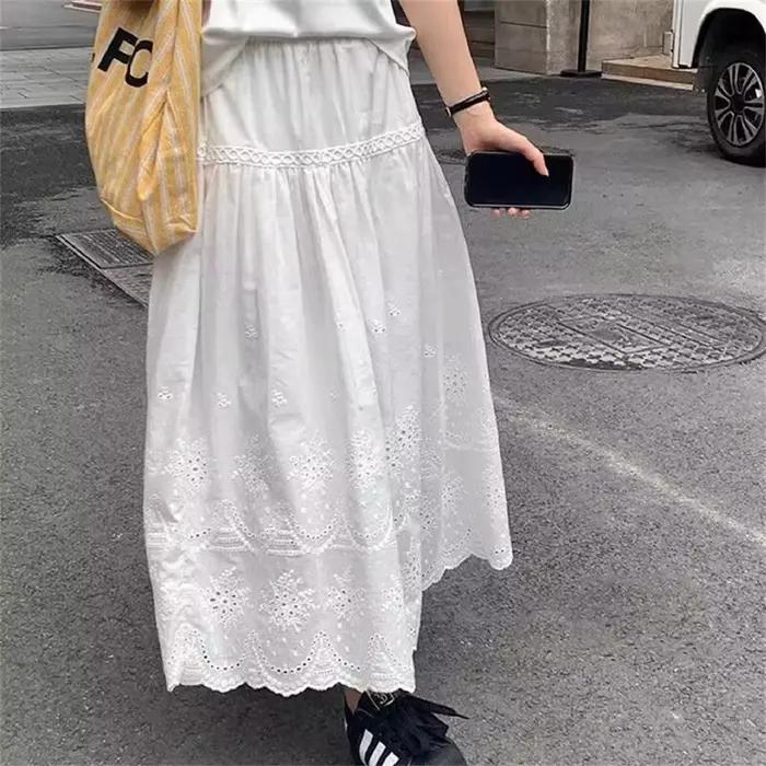 Jupe en coton blanc décontractée pour jeunes filles printemps été 2025 style une ligne ajustement empire longueur mi-mollet a-ligne