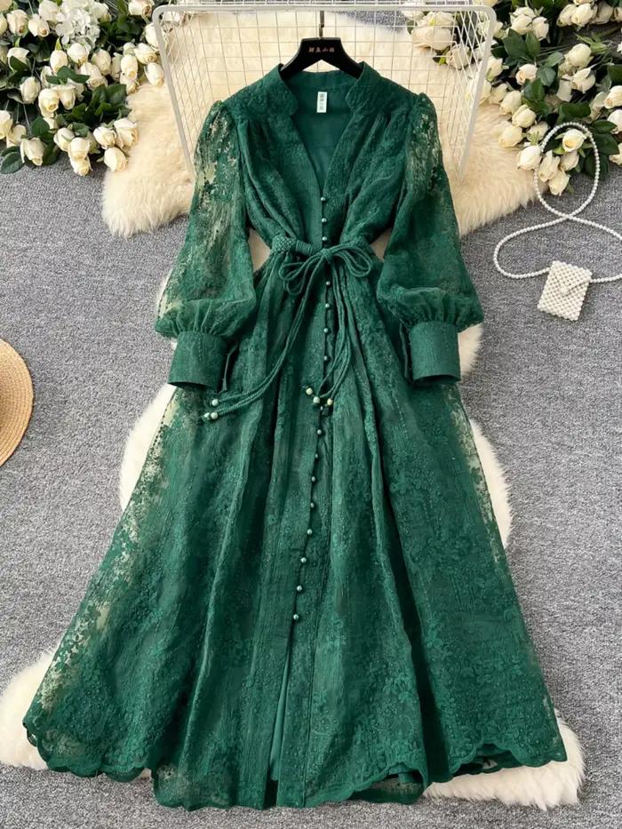 Robe de soirée Smlinan broderie florale polyester longue à manches longues boutonnage simple pour femmes occasions spéciales printemps été