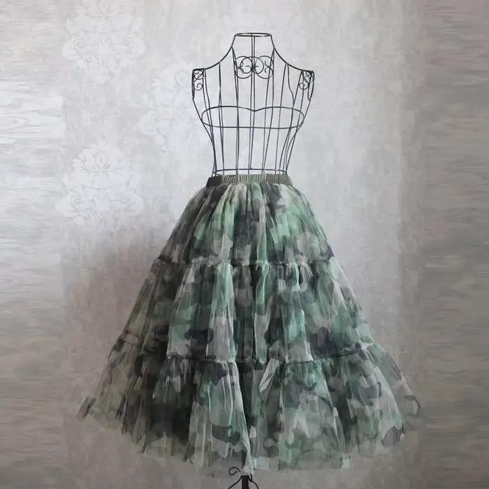 Jupe longue camouflage A-Line en tulle de style coréen vert armée avec ceinture élastique pour femmes multicolore et polyvalente midi maxi