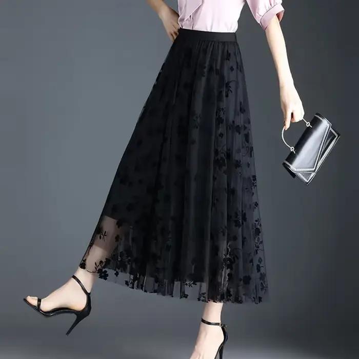 Nouvelle Jupe Midi Plissée en Tulle Fleuri pour Femme