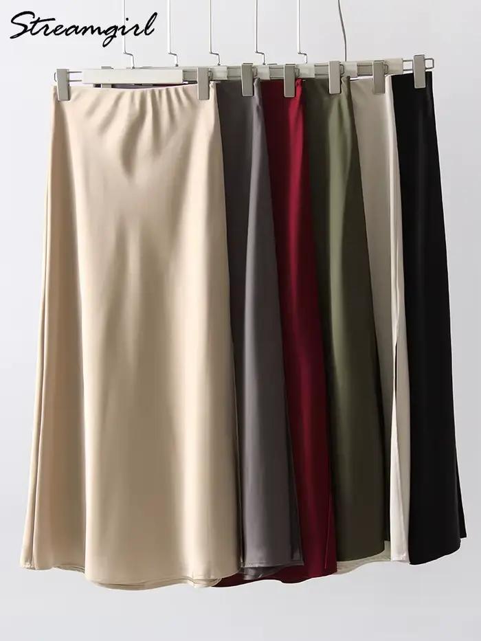 Jupe Longue Fendue en Satin Noir pour Femme Élégante Ligne A Bureau Printemps Été Occasions Spéciales Taille Empire Style Décontracté
