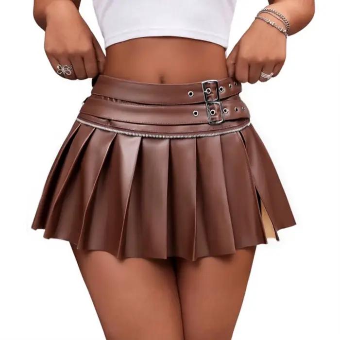 Jupe plissée en cuir PU JCLOTHZI avec écharpes pour femmes, mini jupes fendues, couleur argent, rouge, brun, fuchsia, occasion spéciale