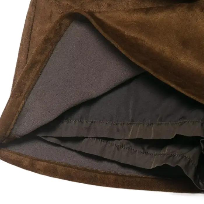 Jupe trapèze marron en daim taille haute amincissante pour femme avec ceinture