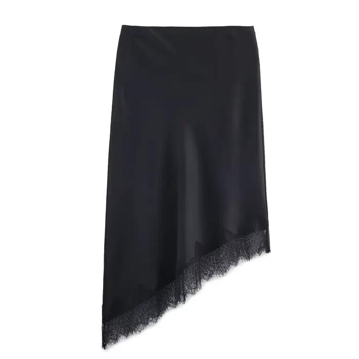 BSAY dentelle asymétrie Satin Texture jupe femmes mode automne hiver nouveau solide Chic femme taille haute jupes élégantes Mujer