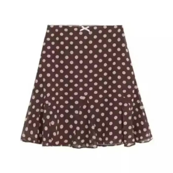 Jupe courte trapèze marron à pois pour femme