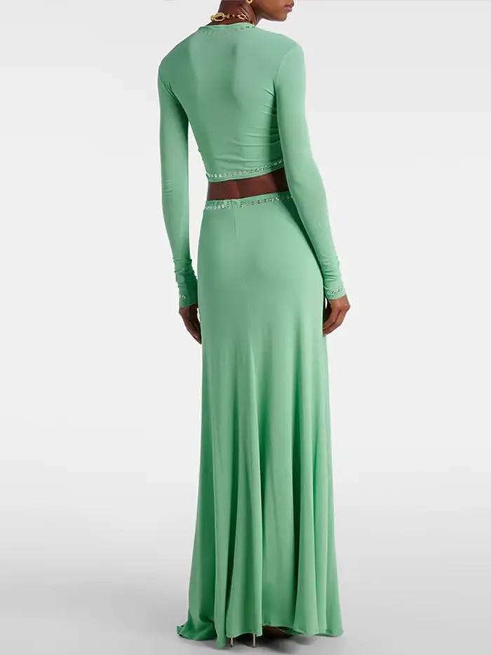 Ensemble jupe haut asymétrique à manches longues pour femmes soirée glamour occassions spéciales polyester chic élégant asymétrique fente haut court
