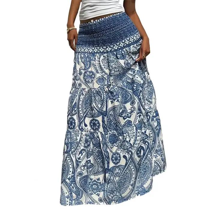Jupe longue plissée taille haute imprimée style bohème pour femme