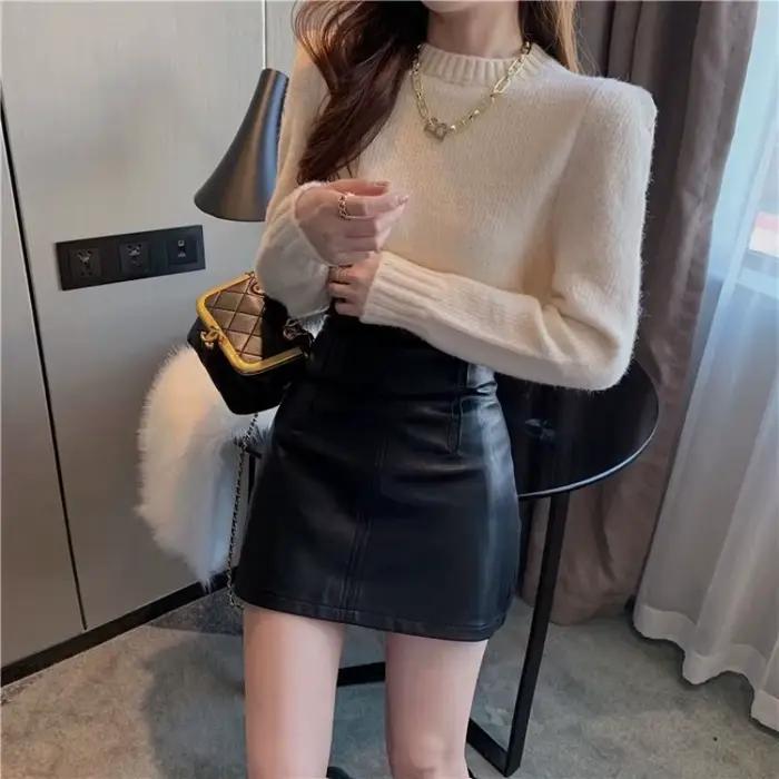 Mini jupe en cuir taille haute pour femme