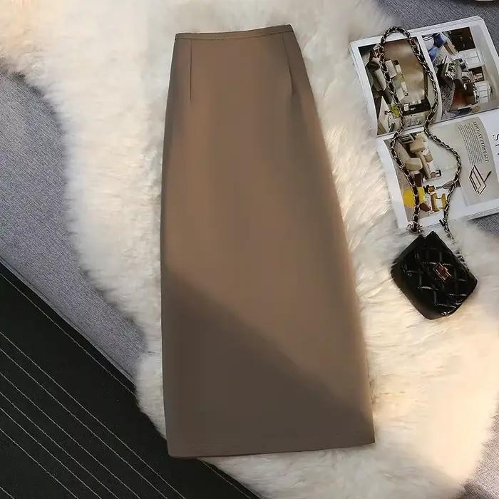 2025 jupes formelles élégantes femme automne nouvelle mode taille haute drapé longue marron costume jupe fermeture éclair femmes